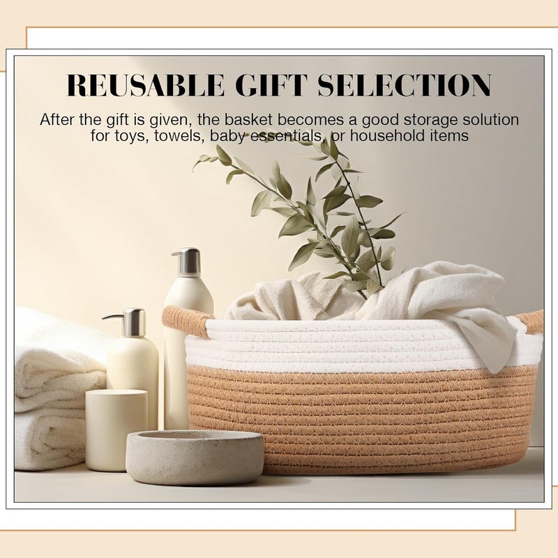 Colingmill Valentine's Day Woven Gift Basket with Gift Bags and Ribbons 12"x8"x5" Empty Cotton Rope Storage Basket for Birthdays, Baby Showers, Wedding DIY Presents(White,Coffee) - Image 2